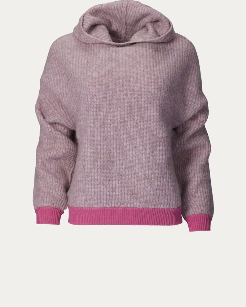 Front of a model wearing a size L Wool Blend Drop Shoulder Cowl Neck Hoodie in Lilac Combo in Lilac Combo by NAADAM. | dia_product_style_image_id:343595